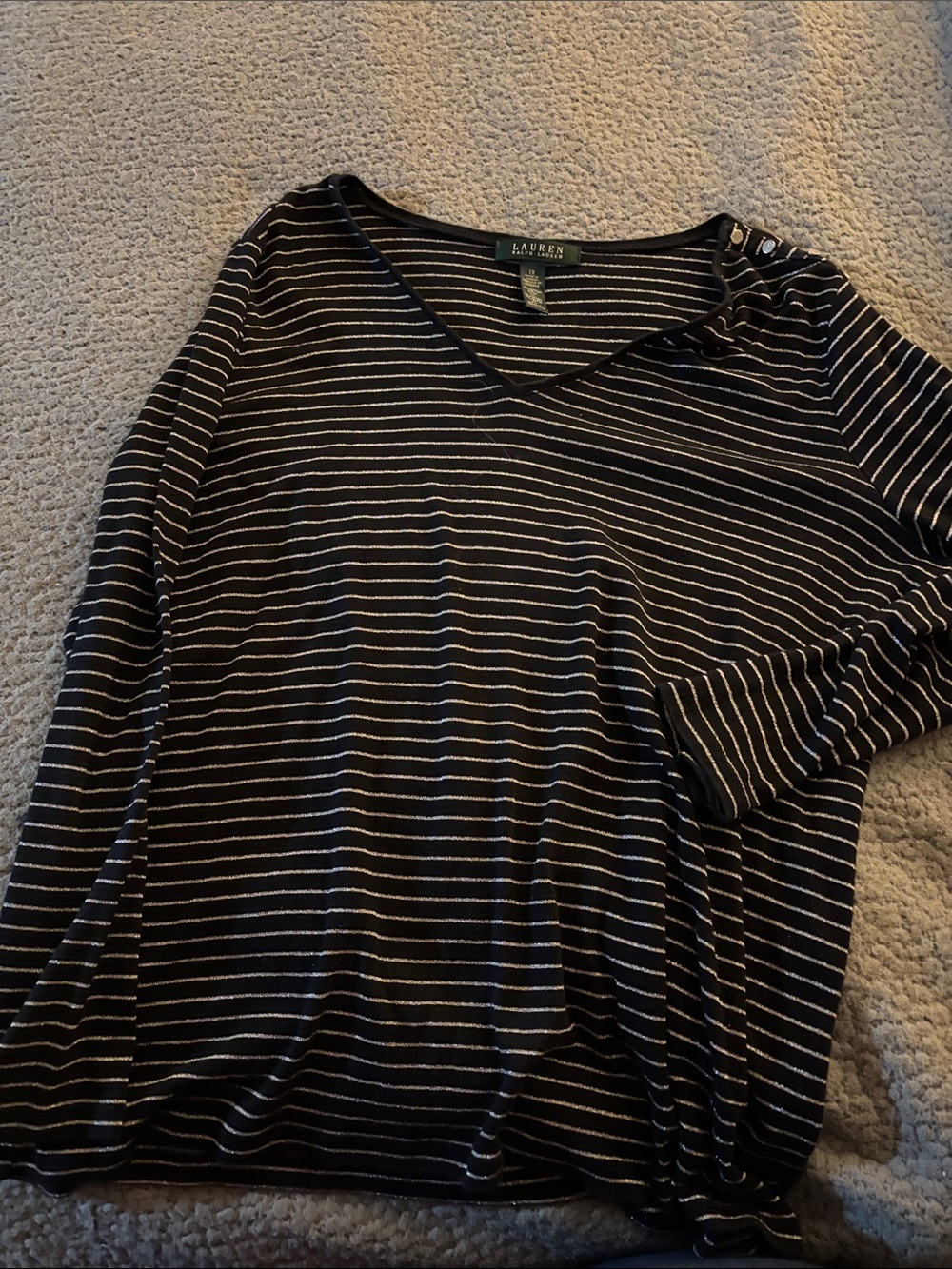 Ralph Lauren Black and White Striped Long-Sleeve V-Neck Top